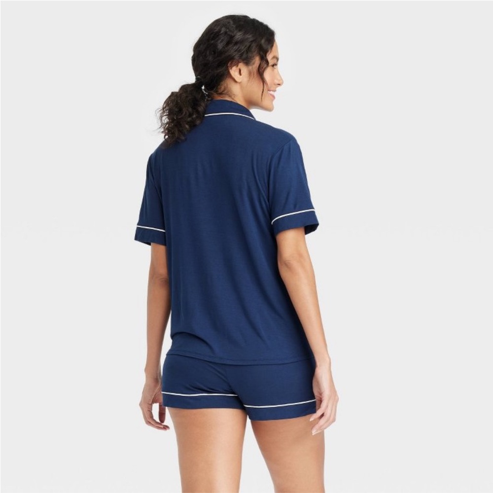 Women's Cloud Knit Short Sleeve Notch Collar Top and Shorts Auden Navy Blue S - Picture 3 of 4